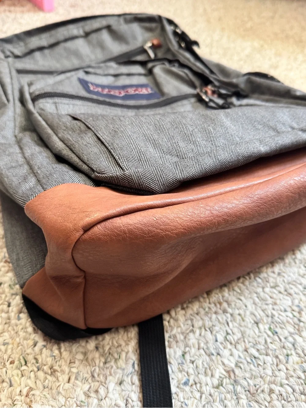 JanSport Cool Student Gray Herringbone Brown Faux Leather Laptop Backpack